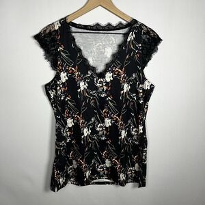 Boutique Shirt Women Size Large Black‎ Floral V-Neck Cap Sleeve Lace Trim Blouse